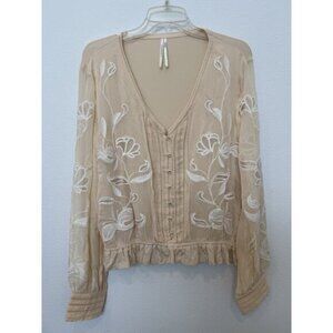 Anthropologie Embroidered Blouse White Tan Cream Large Button Up Sheer Long Slee
